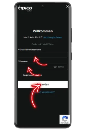 Tipico App Anmeldedaten Android eingeben